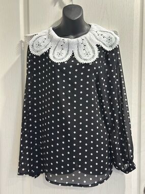 Black Polka Dot Blouse with White Lace Collar
